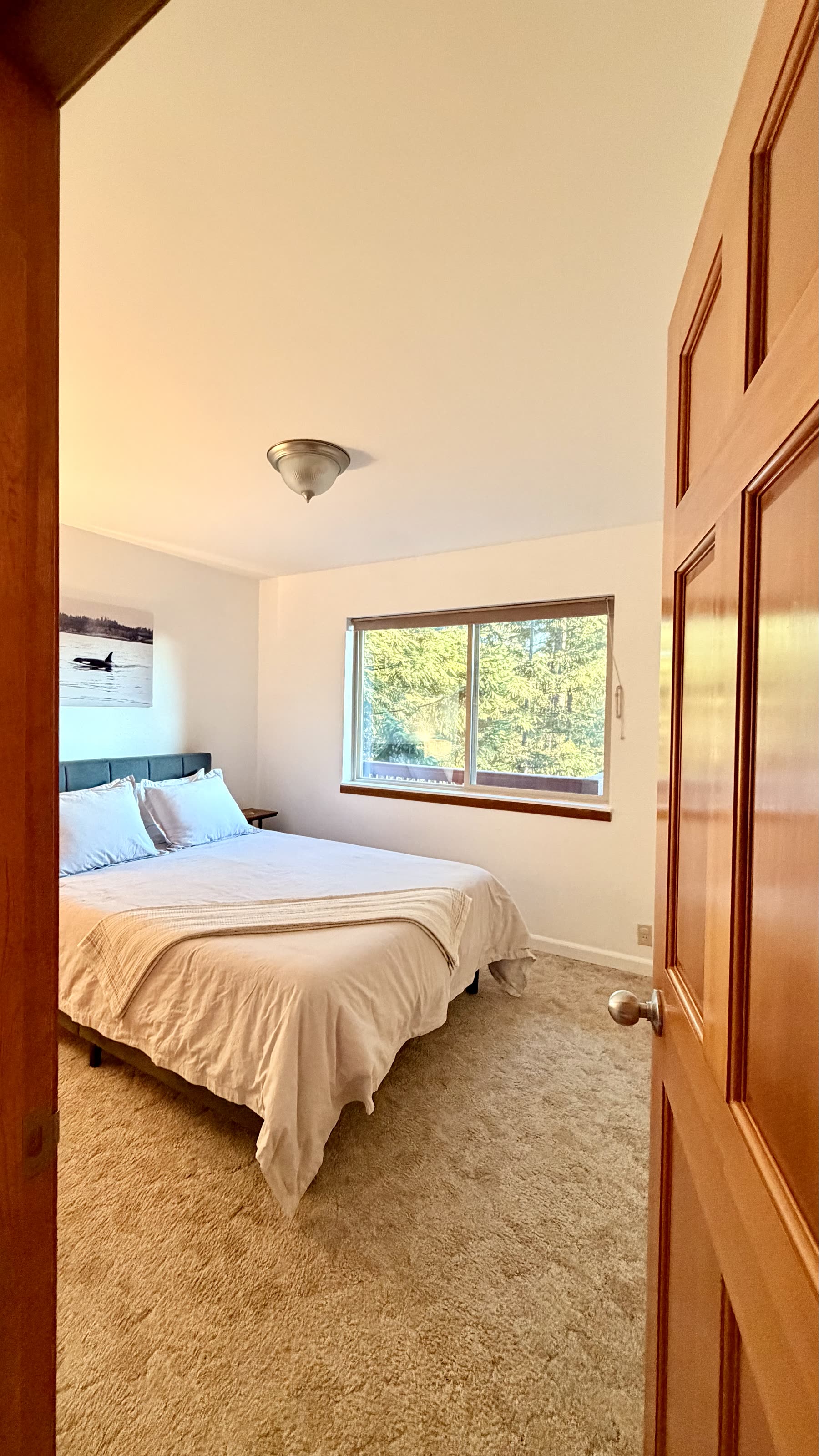 Bedroom with queen bed and a window looking into the trees