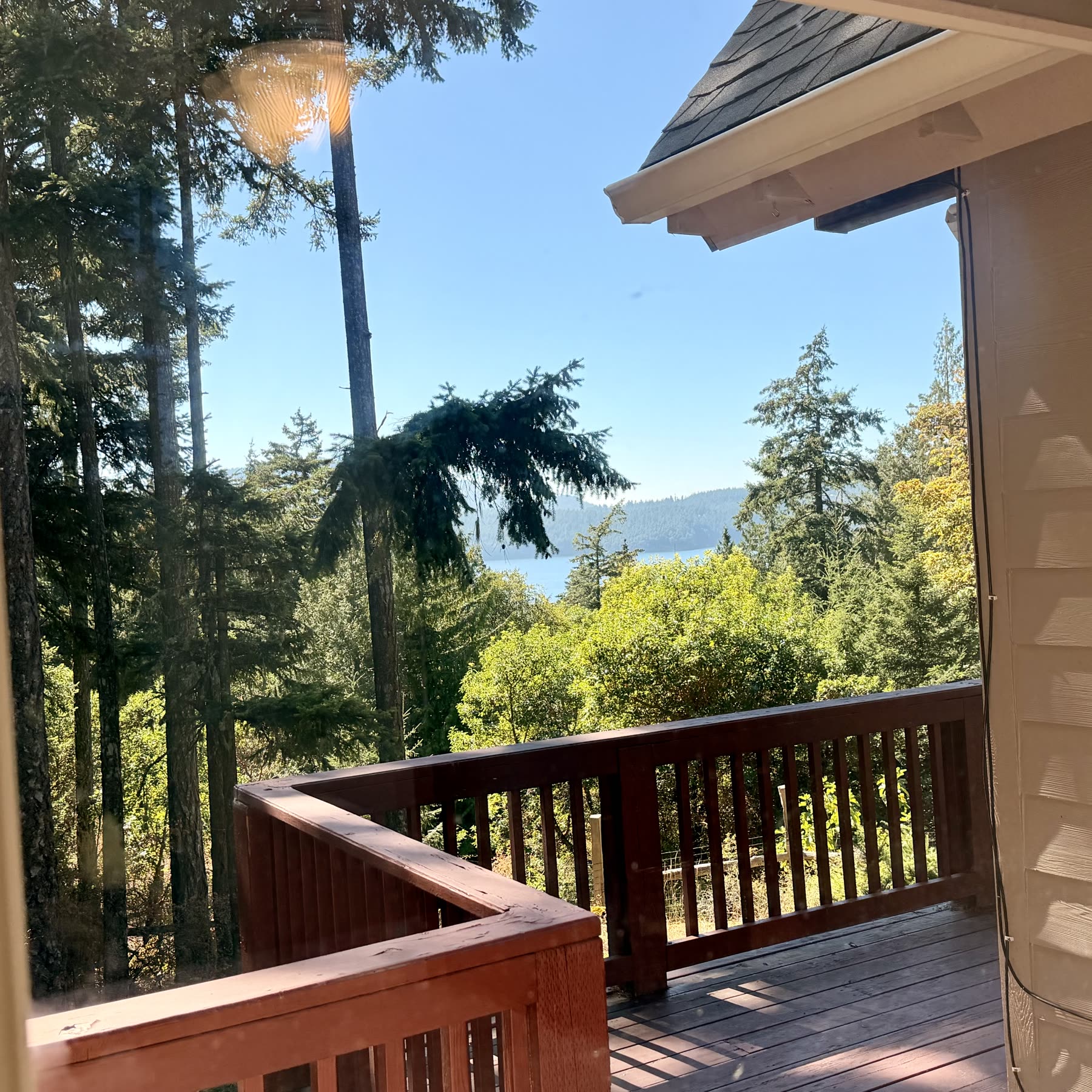 Wraparound cedar deck with water views through the firs