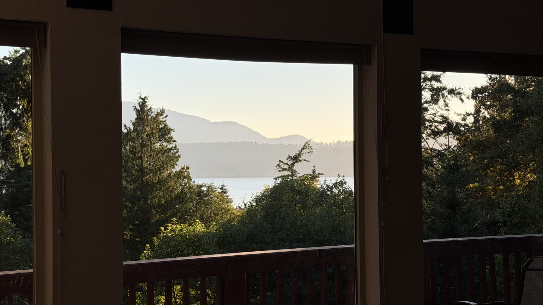 View from the house across the treetops to the Salish Sea and distant hills